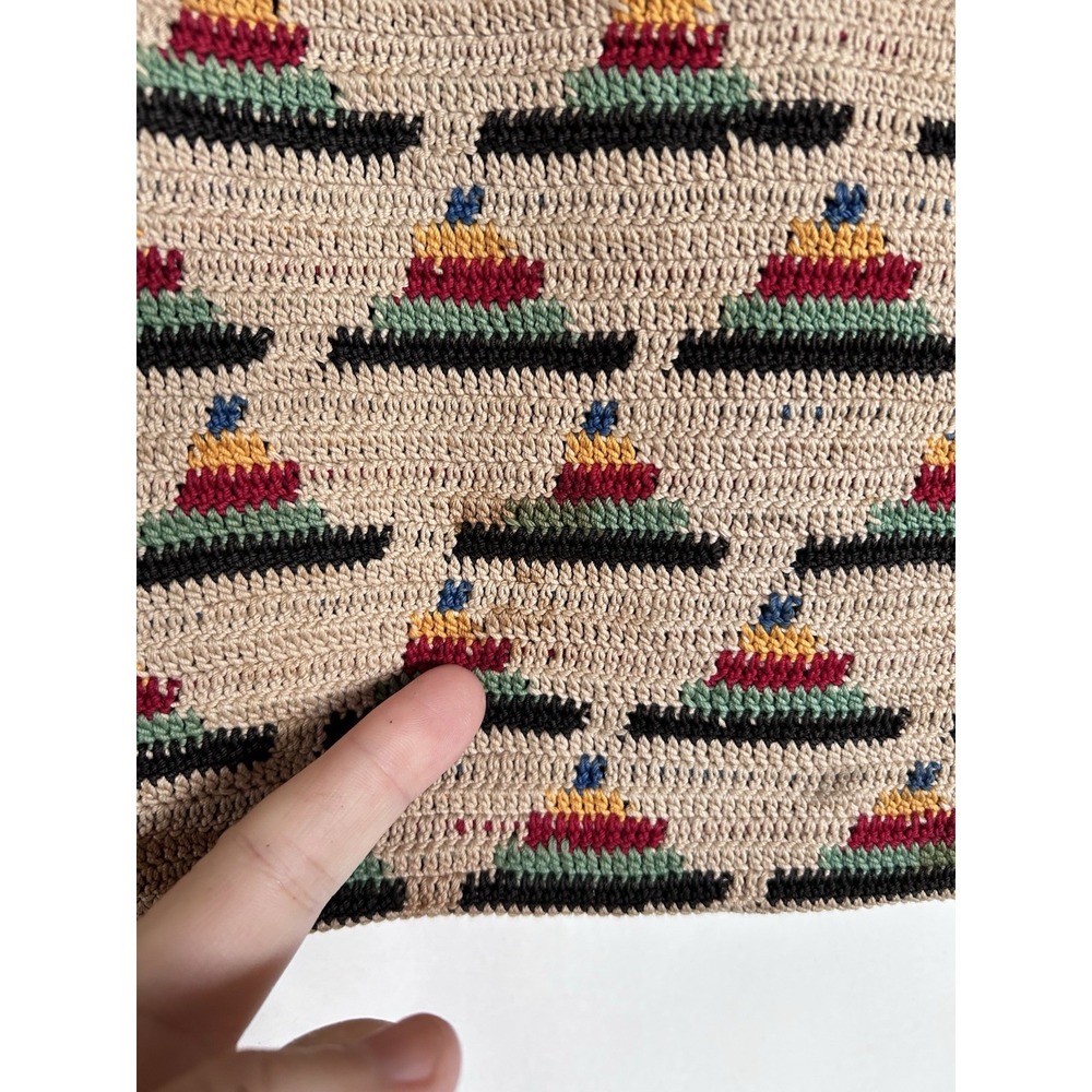 Vintage Tapestry Tight Knit Craft Bag Crochet Needlework Knitting Wood Handles - Picture 3 of 16
